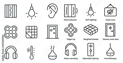 Sensory room equipment outline icons set – linear, fidget, relaxation symbols