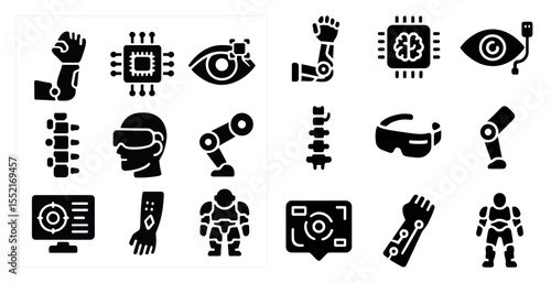 Robotic and ai solid icons set – filled, cybernetic, tech interface symbols
