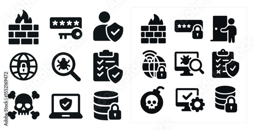 Cybersecurity solid icons set – filled, online safety and protection symbols