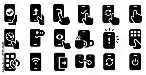 Mobile interaction solid icons set – silhouette, user interface, touchscreen symbols
