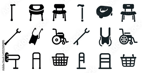 Mobility aid solid icons set – accessible, filled, healthcare symbols