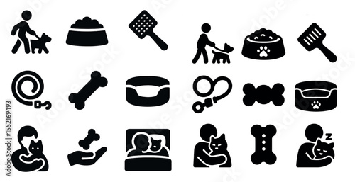 Pet care silhouette icons set – solid, filled, animal and grooming symbols