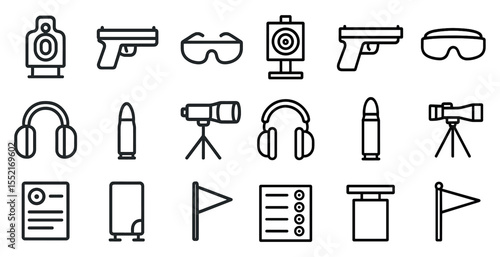 Shooting and firearms outline icons set – linear, silhouette, gun safety symbols