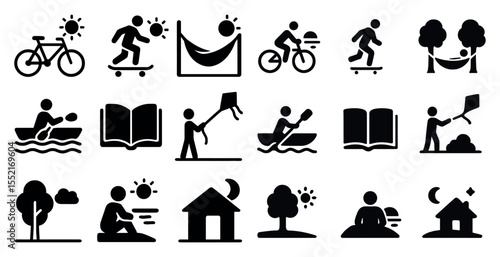 Outdoor recreation silhouette icons set – nature, leisure, activity symbols
