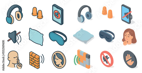 Noise control isometric icons set – soundproofing, ear protection, silence symbols