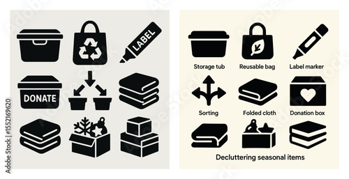 Home organization silhouette icons set – decluttering, storage essentials, tidy