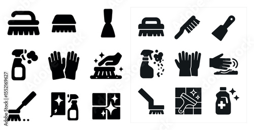 Cleaning and hygiene solid icons set – tools, sanitation, maintenance symbols