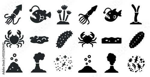 Underwater creatures silhouette icons set – solid, marine and ocean life symbols