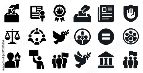 Voting and democracy icons set – solid, filled, election and civic responsibility symbols