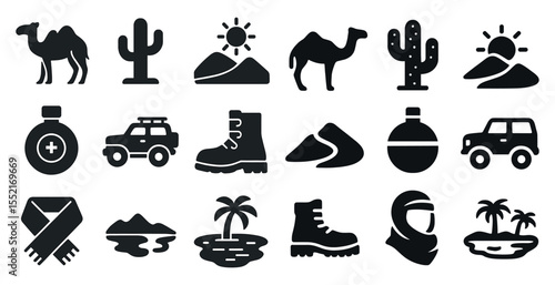 Adventure and desert solid icons set – filled, flat, travel and exploration symbols