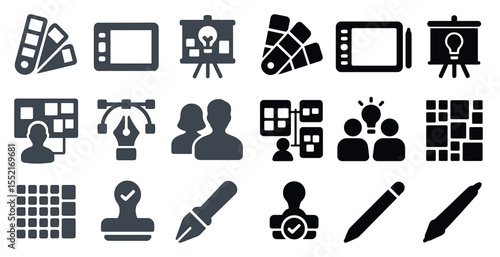 Graphic design solid icons set – filled, visual creation, digital art elements
