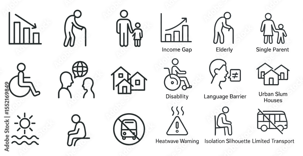 Social issues outline icons set – societal, challenges, community symbols Social issues outline icons set – societal, challenges, community symbols