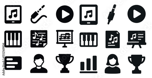 Music and audio solid icons set – filled, instruments, sound design symbols
