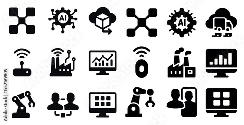 Industrial technology solid icons set – filled, manufacturing, automation symbols