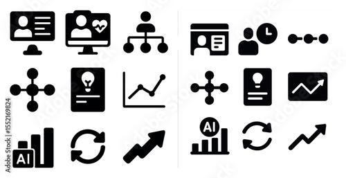 Business dashboard solid icons set – flat, analytics, corporate and data visualization symbols