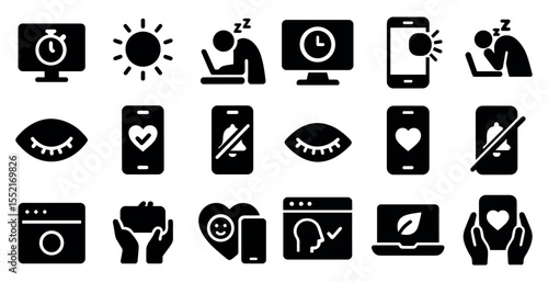 Time management solid icons set – flat, filled, productivity and workflow symbols