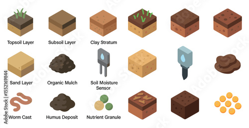 Soil and agriculture isometric icons set – 3d, farming, earth layers symbols