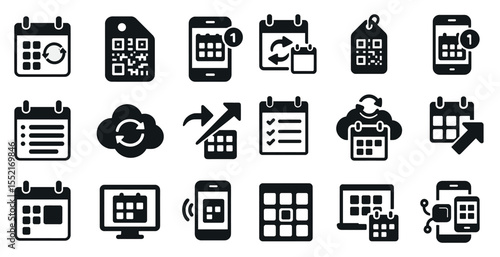 Calendar and reminder icons set – solid, silhouette, scheduling and date management tools