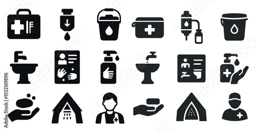 Hygiene and healthcare solid icons set – flat, filled, medical and sanitation symbols
