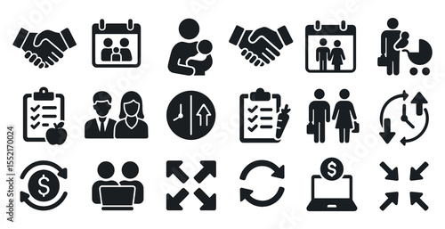 Family and business solid icons set – outline, flat style, corporate and personal symbols