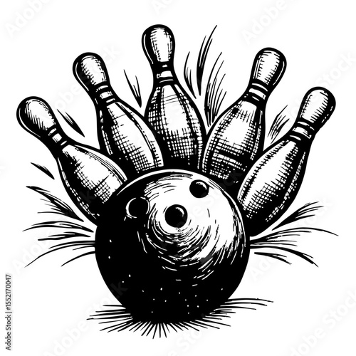Bowling Ball Striking Pins: Vintage Sketch Illustration