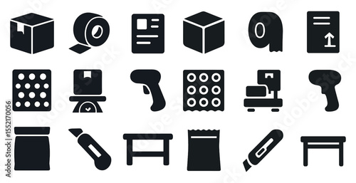 Packaging and shipping solid icons set – filled, logistics and delivery symbols