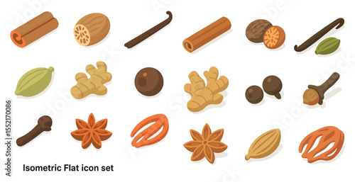 Spices and herbs icons set – isometric, flat, cooking ingredients, culinary design symbols