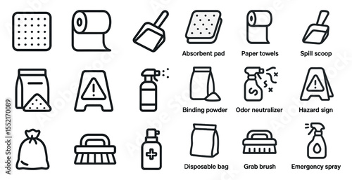 Cleaning supplies outline icons set – hygiene, maintenance, sanitation symbols