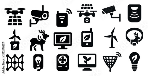 Sustainable energy solid icons set – eco, green technology, renewable power symbols