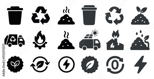 Recycling and waste management icons set – silhouette, solid, eco-friendly symbols