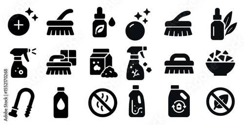 Cleaning and hygiene icons set – solid, filled, sanitation and disinfection symbols