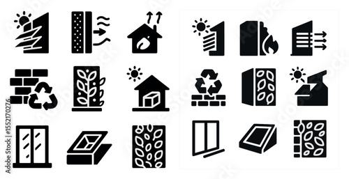 Eco-friendly architecture filled icons set – silhouette, building, sustainability symbols