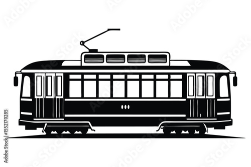 Silhouette Illustration of Vintage Tram with Trolley Pole and Passenger Doors Open