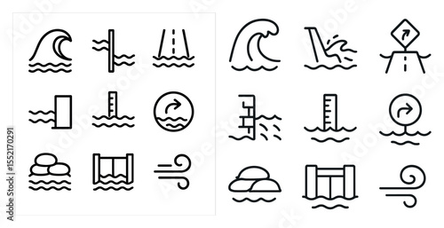 Water and wave outline icons set – silhouette, maritime, tidal symbols collection