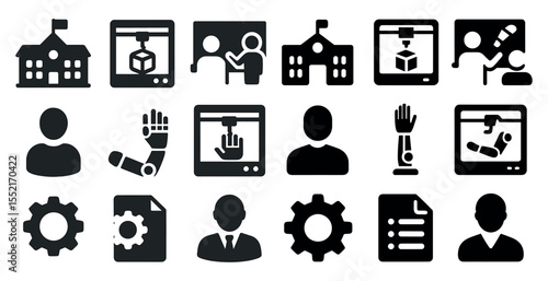 Education and technology solid icons set – silhouette, filled, academic tools