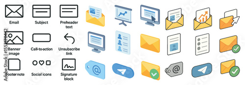 Email marketing flat icons set – outline, pixel art, subscription management visuals
