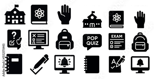 Education and school solid icons set – filled, academic symbols, learning resources