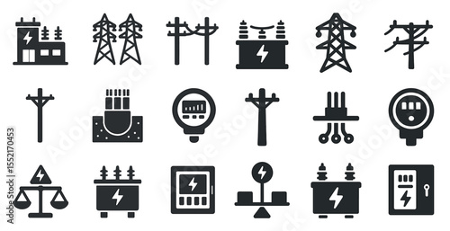 Electrical and energy icons set – solid, filled, power and utility symbols