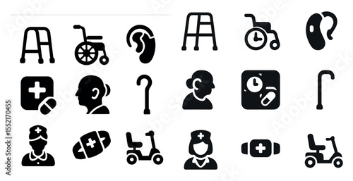 Healthcare and accessibility icons set – silhouette, solid, medical and aid symbols