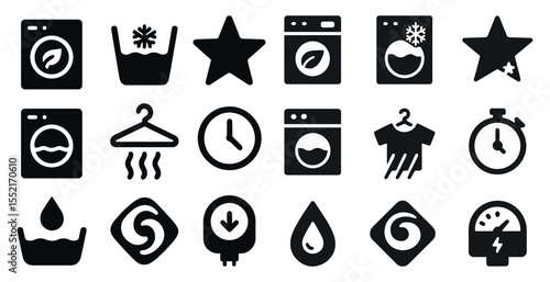 Laundry and cleaning icons set – silhouette, solid, washing and drying symbols