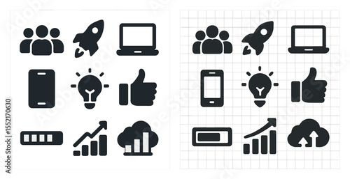 Technology solid icons set – efficient, filled, gadget and digital interface symbols