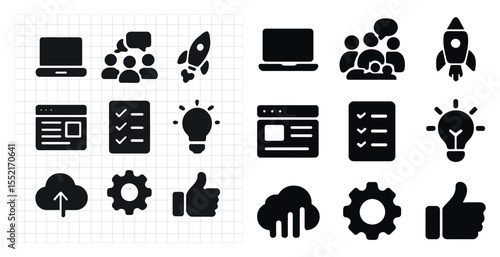 Startup and innovation icons set – solid, filled, tech and business symbols