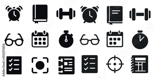 Productivity solid icons set – filled, time management and planning symbols
