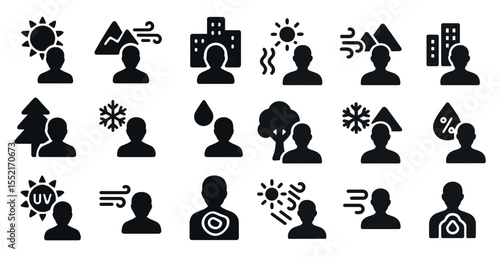Weather and climate solid icons set – filled, temperature and environment symbols