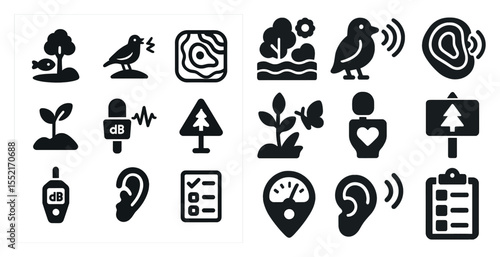 Nature and wildlife solid icons set – filled, trees, birdwatching symbols