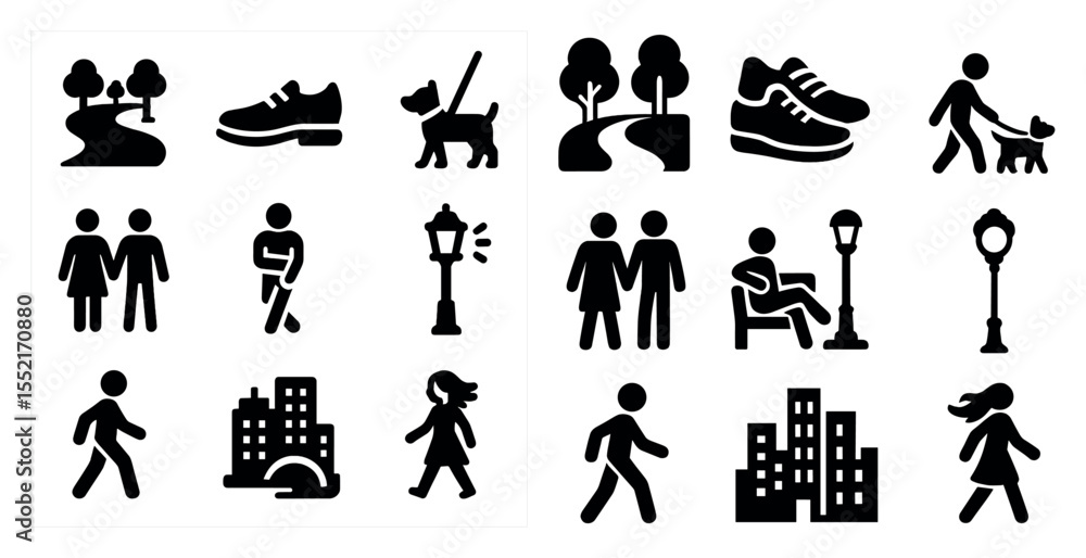 Fototapeta premium Outdoor activities silhouette icons set – solid, filled, nature and leisure graphics
