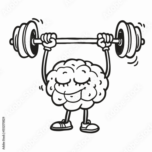 Cartoon Brain Lifting Weights: Fitness, Mind Power Illustration