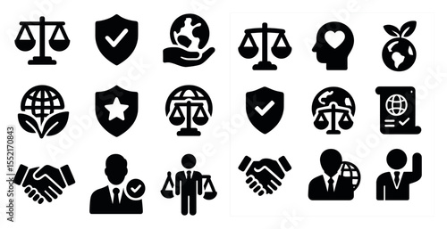 Environmental and justice solid icons set – filled, legal, eco-friendly symbols