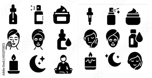 Skincare and wellness solid icons set – flat, filled, spa and beauty symbols
