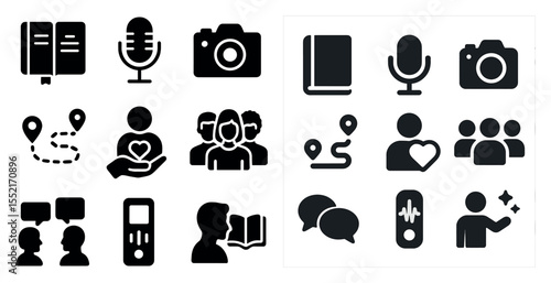 Communication and media solid icons set – filled, flat, and digital symbols